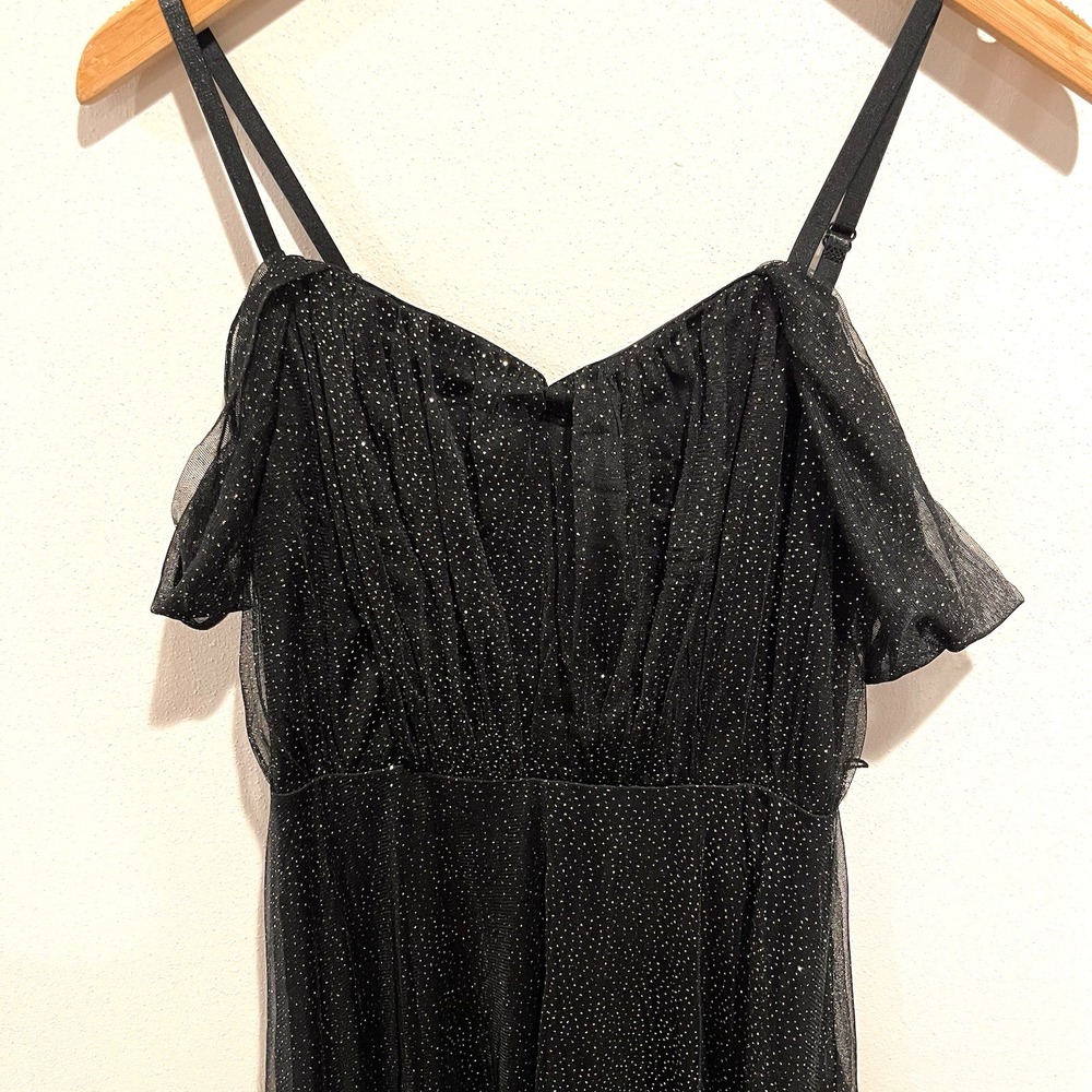 Off Shoulder Sparkle Dress Small Maxi Y2K Sheer Sweetheart Empire Prom Dark Fair